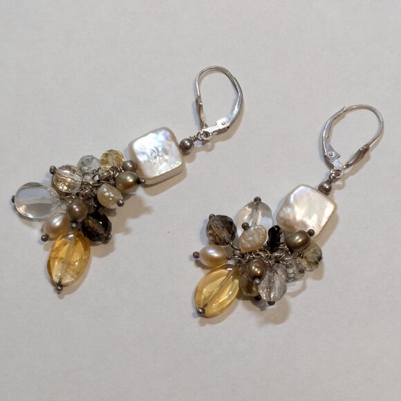 Long Sterling Cha-Cha Dangle Earrings with Golden Gemstones and Pearls - Picture 6 of 10